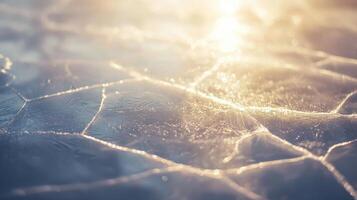 Sunlight reflects off the surface of cracked ice, revealing intricate patterns and textures. The scene evokes a calm and peaceful winter atmosphere, highlighting natures beauty photo