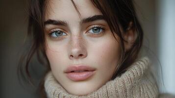 A woman with blue eyes and a red nose is wearing a brown sweater photo