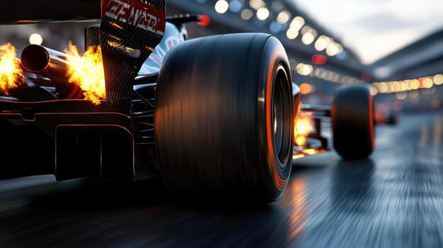A racing car with flames on the track photo