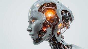 A robot head with a glowing eye and a silver body photo