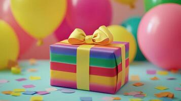 A colorful gift box with a bow on top surrounded by balloons photo