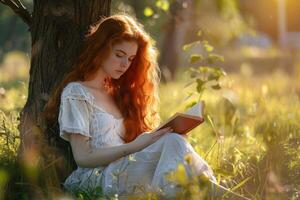 A woman with red hair sitting in the grass reading a book photo
