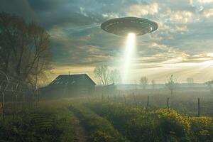 An alien spaceship flying over a farm photo