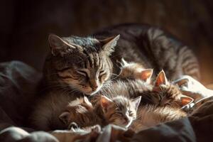 A mother cat is laying on a bed with her kittens photo
