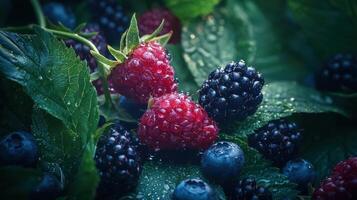 Raspberries, blueberries and blackberries are on a leaf photo