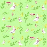 Seamless bright spring, summer or autumn floral pattern with white goose or duck bird. Background with small plants, flowers, berries, leaves. vector