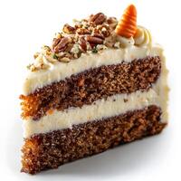 Delicious slice of carrot cake with rich cream cheese frosting and pecans photo