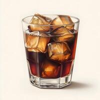 Refreshing cola with ice cubes in a clear glass against a plain backdrop photo