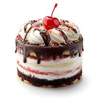 Delectable layered cake with chocolate ganache, whipped cream, and cherry photo