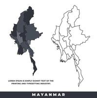 Mayanmar political regions black color outline map set vector