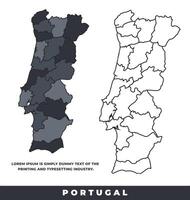Portugal political regions black color outline map set vector