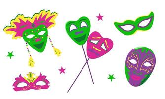 set with elements for Mardi Gras carnival. Bright Images of different masks for design and logos. vector