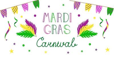 Mardi Gras Carnival Poster with Text. Party Invitation Card with Flags, Feathers, and Confetti. vector