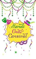 poster for Mardi Gras carnival with text in vertical view. Party invitation with beads, masks and confetti. vector
