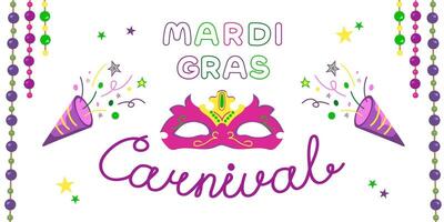 poster for Mardi Gras carnival with text. Party invitation with beads and mask. vector