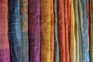 A row of colorful fabric hanging on a wall photo