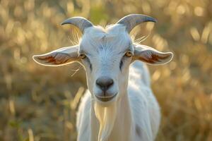 A goat with long horns and a white face stands in a field of tall grass photo