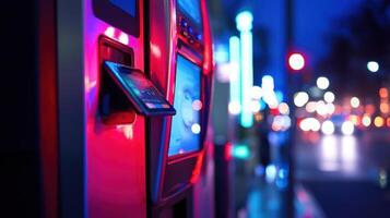 A brightly lit ATM stands on a city street at night, surrounded by colorful neon lights. The device's screen shows a face, while cars pass by in the background, creating a lively atmosphere photo