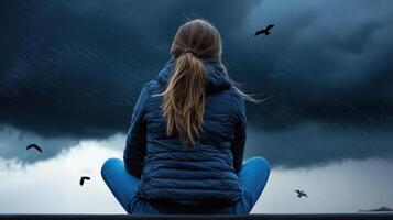 A woman sitting on the ground with birds flying around her photo