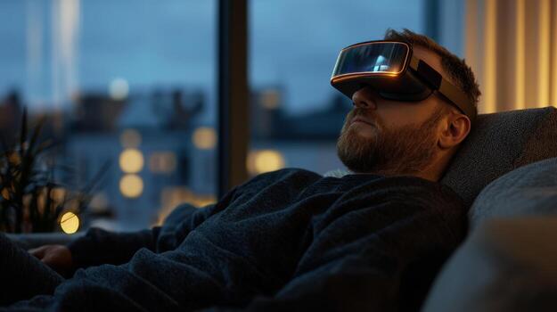 A man wearing a virtual reality headset is laying on a couch photo