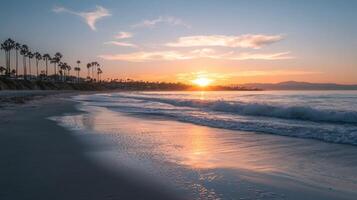 Golden sunlight peeks over the horizon as gentle waves wash onto the sandy shore. Silhouetted palm trees frame the tranquil coastal scene, creating a peaceful atmosphere photo