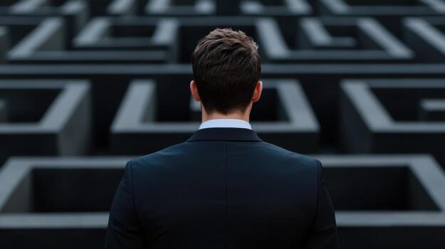 A man in a suit standing in front of a maze photo