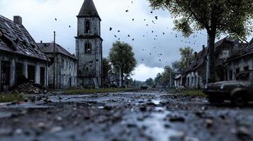 A desolate town with a church and a car photo