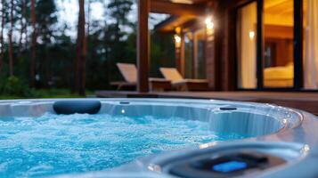 A large, clear, bubbling hot tub with a blue light on the side photo
