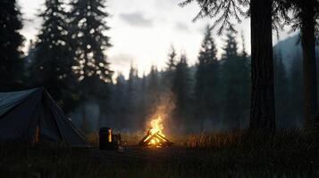 A campsite with a tent and a fire photo