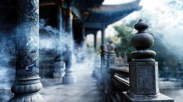 A foggy, misty atmosphere surrounds a stone pillar photo