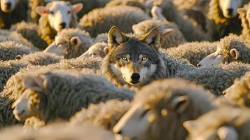 A wolf is surrounded by a flock of sheep photo