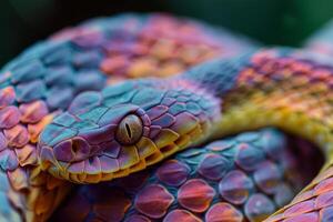 A close up of a colorful snake with its head facing down photo