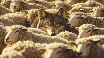 A wolf stealthily positions itself among a large group of sheep in a vast pasture. The scene captures a moment of tension as the wolf's eyes fixate on its surroundings photo