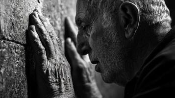 An old man is touching his hands to the wall photo