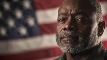 A man with a beard and an american flag in the background photo