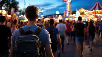 A man with a backpack walking through a carnival photo