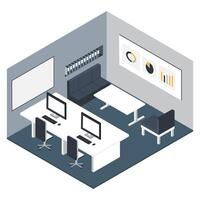 Modern office workspace with desks, computers, charts, and business meeting area vector