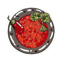 red spicy chili sauce with celery on stone mortar herbs and spices Illustration with isolated white background vector