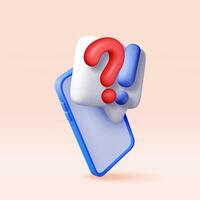 3d question and exclamation marks in speech bubble on phone. Render questions exclamations symbol. Concept of FAQ, support and help. Problem, survey, information vector