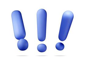 3D blue exclamation mark isolated on white. Render attention, information, danger and warning icon. Alert and alarm symbol. Social media network notification reminder. vector