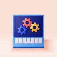 3D laptop with gears on screen isolated. Render notebook with cogwheel icon. Settings, options and tools. Programming, coding, development, service and repair concept. vector