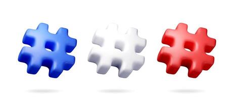 3d realistic hashtag symbol isolated on white. Render hash tag icon for social media. Chat message, communication, ad, search and online vector