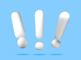 3D white exclamation mark isolated blue. Render attention, information, danger and warning icon. Alert and alarm symbol. Social media network notification reminder. vector