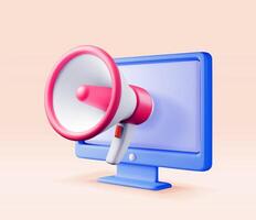 3D megaphone in computer isolated. Render plastic megaphone realistic and desktop pc. Modern bullhorn or loudspeaker. Social media, announcement message, marketing, job, attention vector