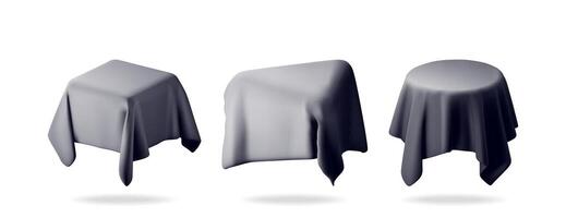 3D draped tables with cloth covers in various shapes isolated. Render stage with dark cloth mockup. Valentine day, birthday card, product display presentation advertisement. vector