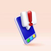 3D exclamation mark in white square chat bubble in phone. Attention chat speech bubble icon and smartphone. vector