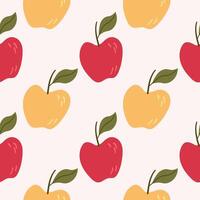 Seamless pattern with Apple harvest in flat style. Hand drawn repeating background with round red and yellow fruits of apple-tree for design, wrapping, poster, label, banner, card, textile, print vector
