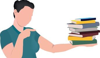 Woman pointing at stack of books balancing on hand vector
