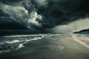 Stormy sky over the ocean with waves and sand photo
