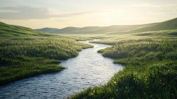 A river runs through a grassy field at sunset photo